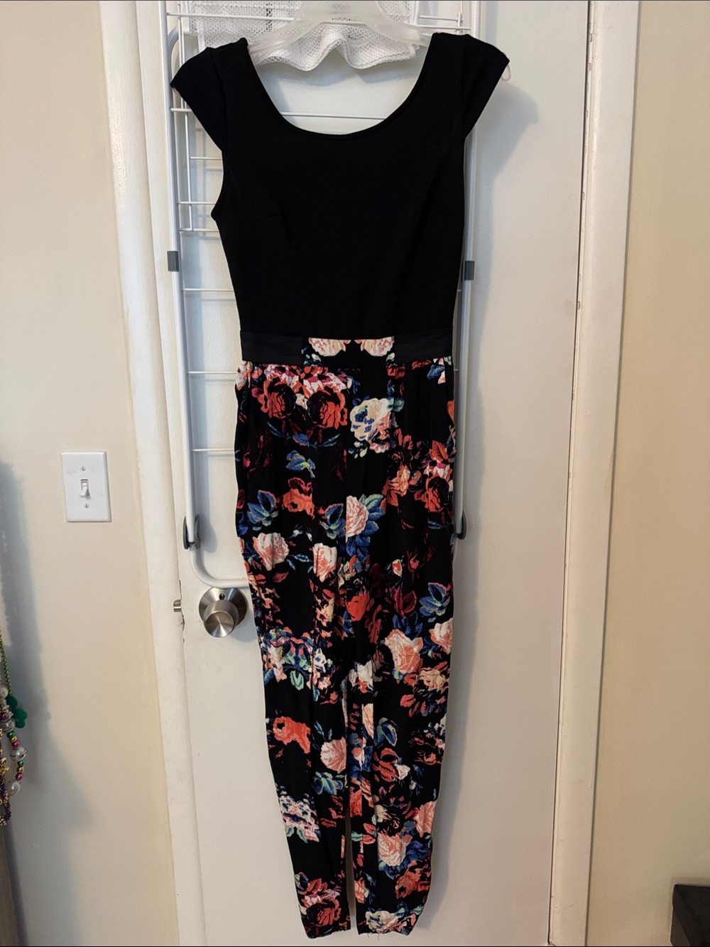 Xhilaration Black Floral Tapered-Leg Jumpsuit with Multicolor Print